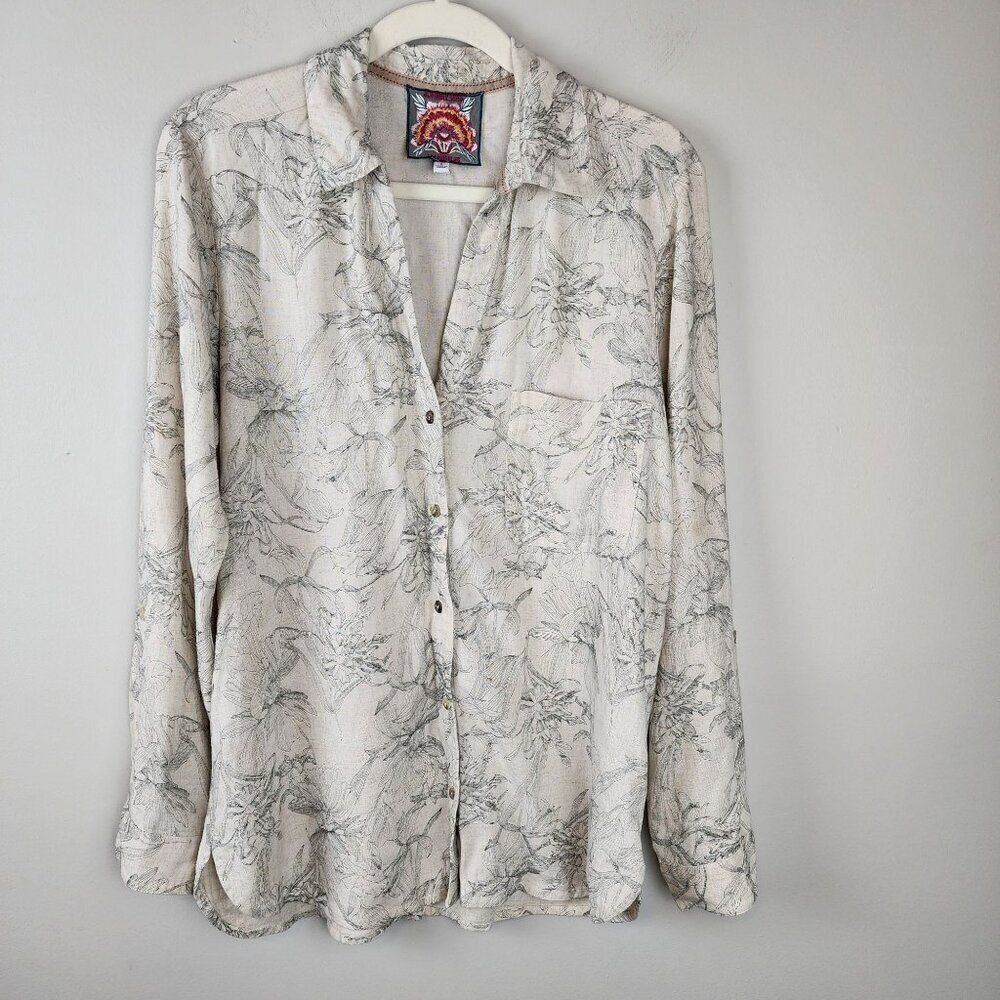Johnny Was sz S  Etched Floral Relaxed Linen Shirt Blouse